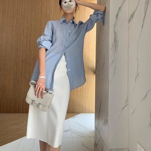 CHICJOC Women 100% Ramie Botton-down shirt size 36 in baby blue